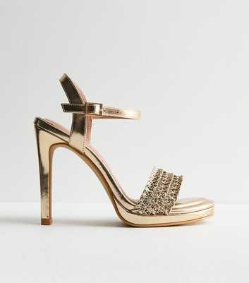 Gold Metallic 2 Part Woven Stiletto Heel Sandals