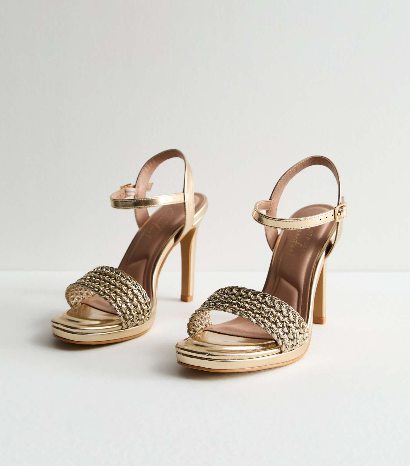 Gold Metallic 2 Part Woven Stiletto Heel Sandals Image 3