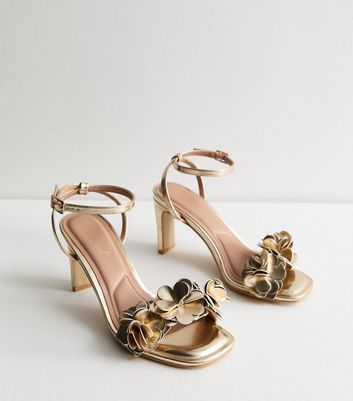 Gold Flower 2 Part Slim Block Heel Sandals New Look