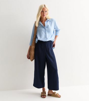 Tall Navy Cropped Linen-Blend Trousers New Look