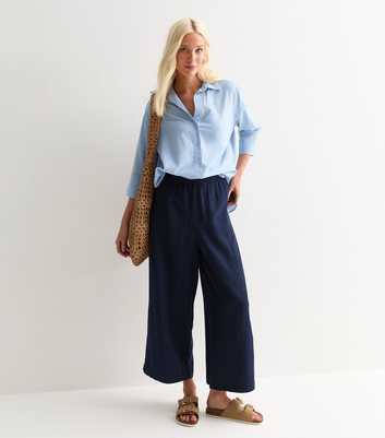 Tall Navy Cropped Linen-Blend Trousers 