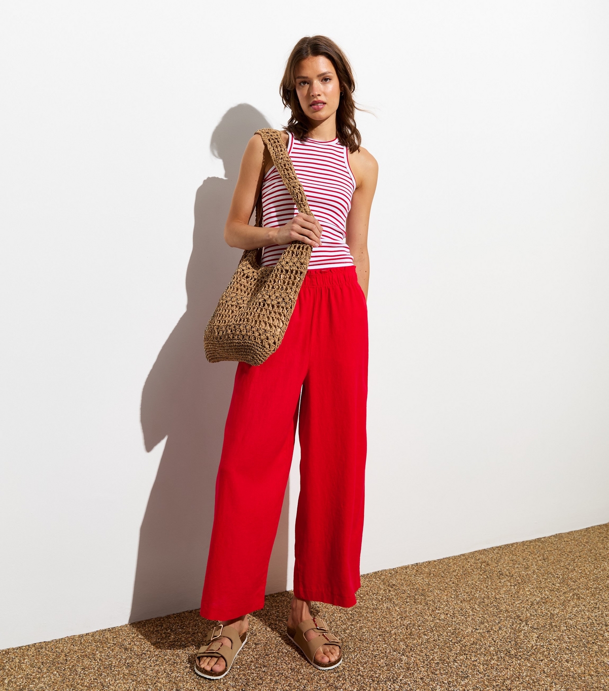 Women's Tall Red Cropped Linen-Blend Trousers New Look