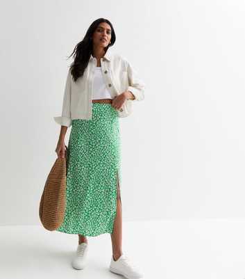 Green Floral Split Hem Midi Skirt