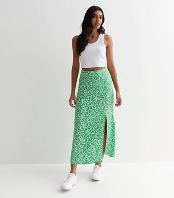 Green Floral Split Hem Midi Skirt New Look