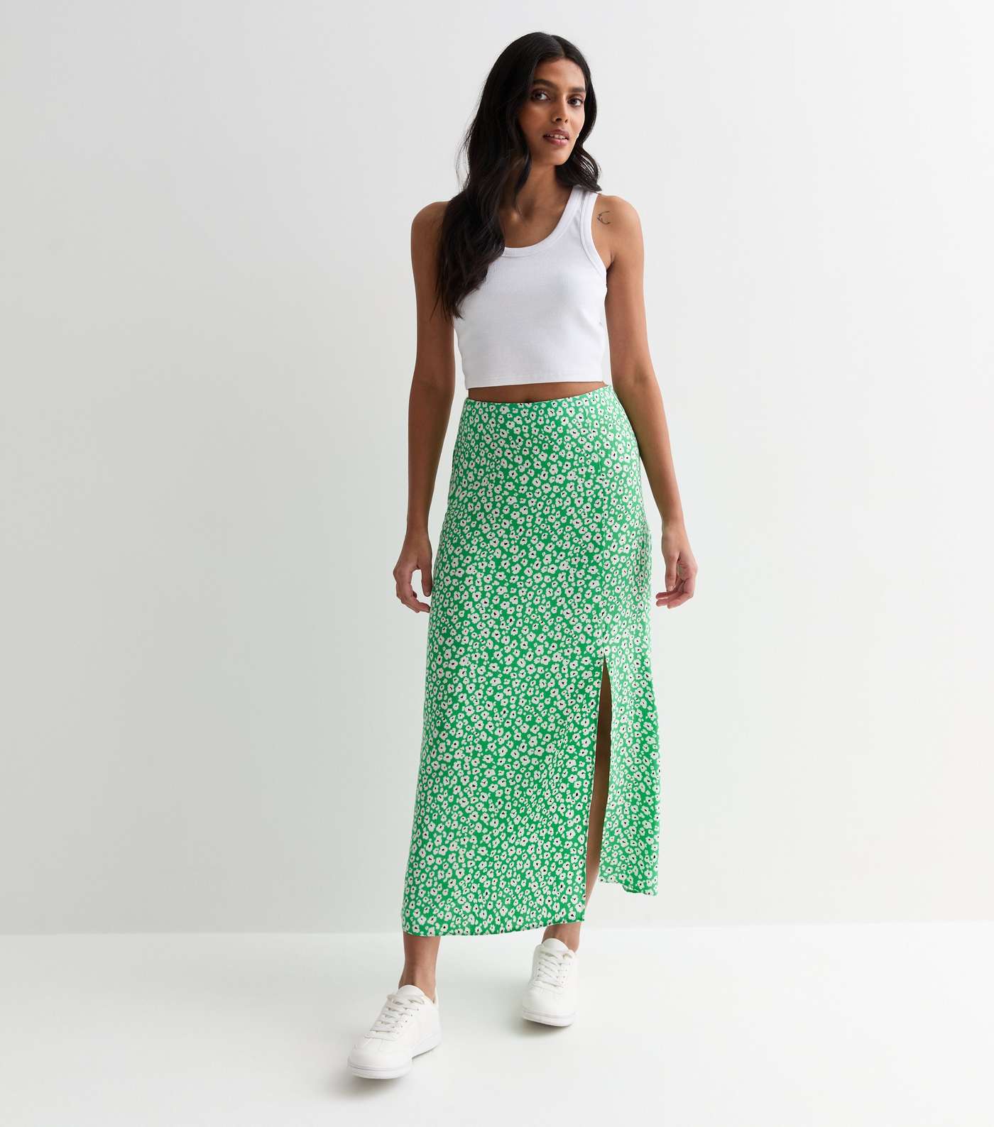 Green Floral Split Hem Midi Skirt Image 3