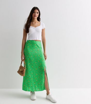 Green Lemon Spot Print Split Hem Midi Skirt New Look