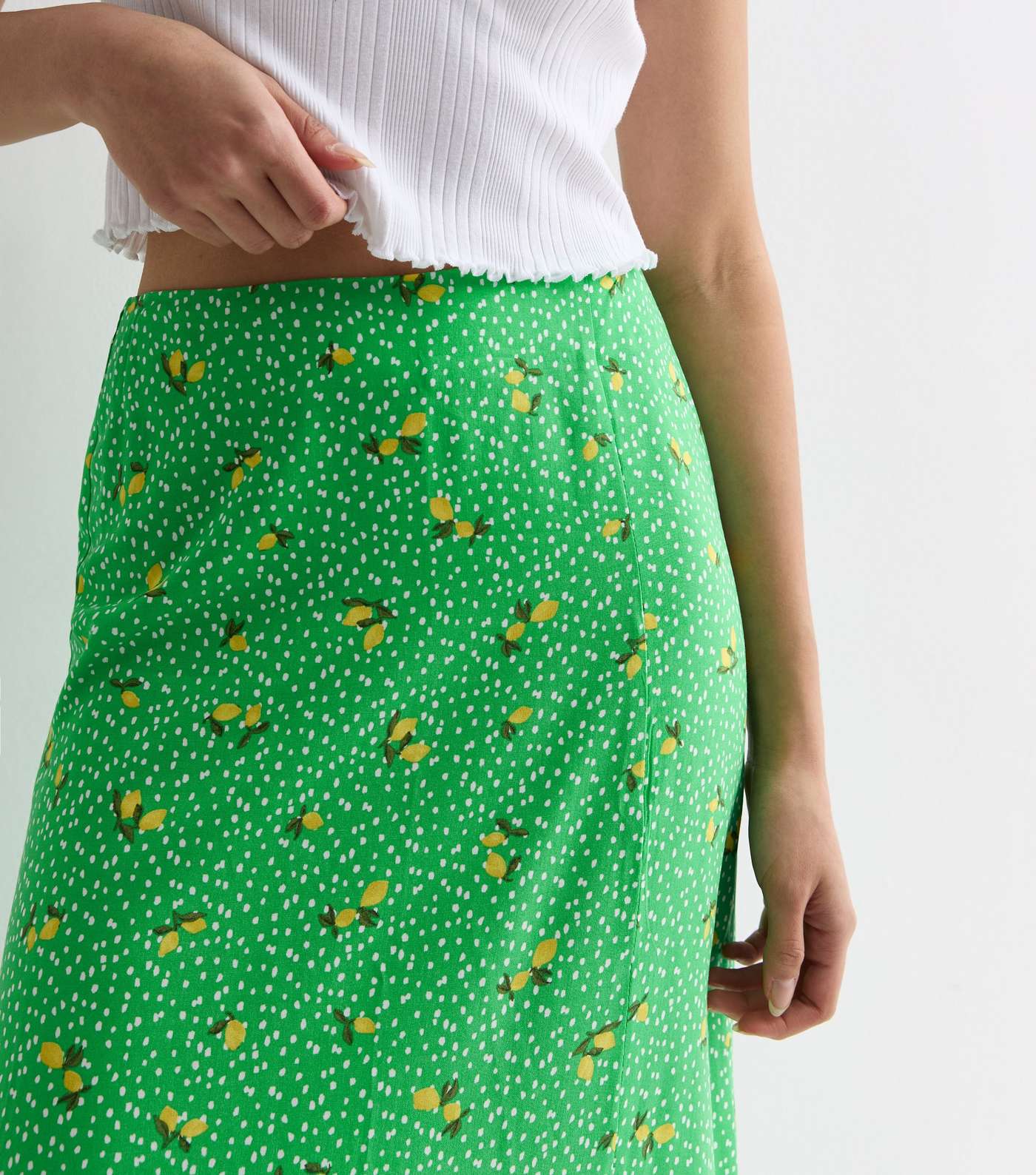 Green Lemon Spot Print Split Hem Midi Skirt Image 2