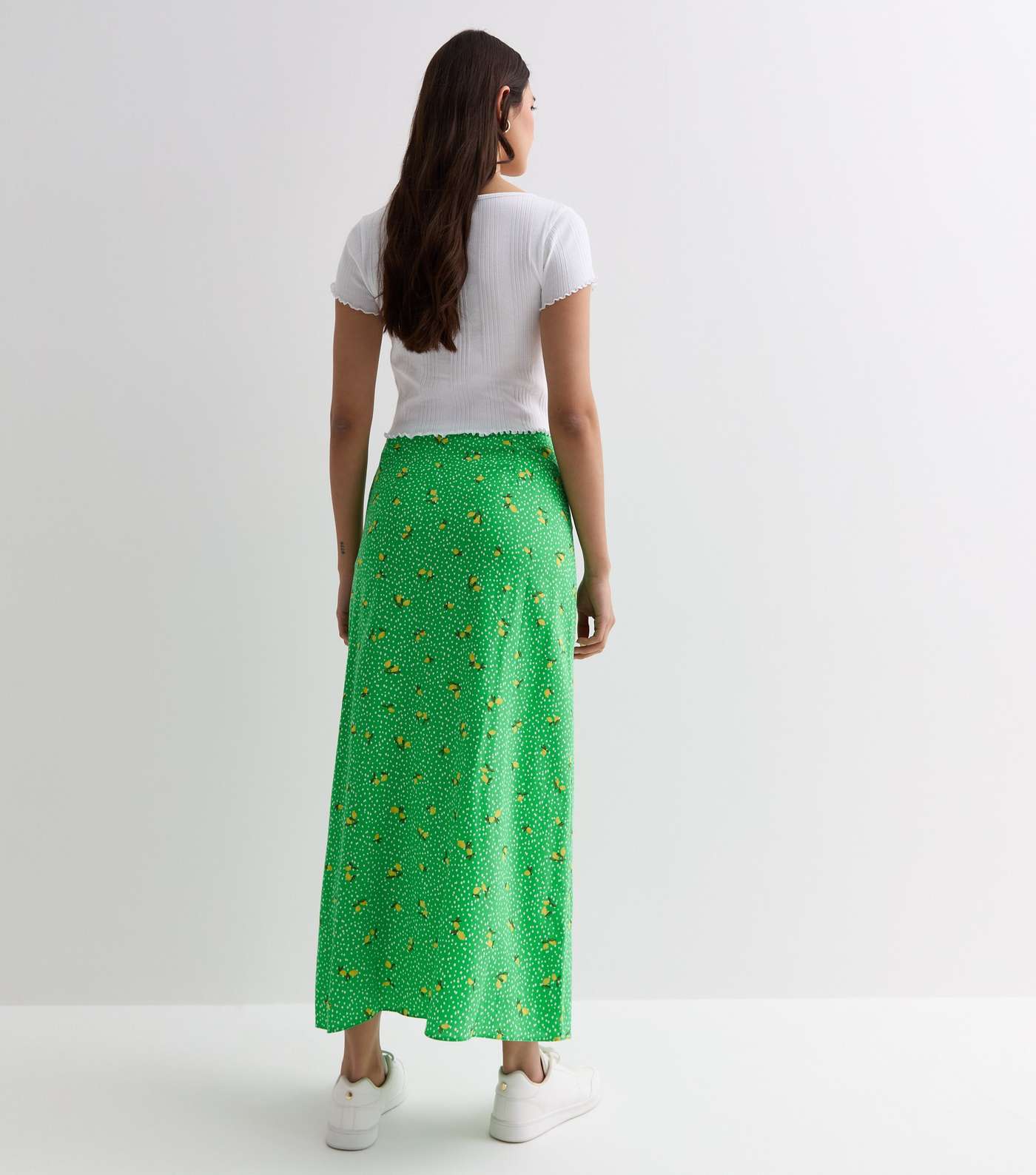 Green Lemon Spot Print Split Hem Midi Skirt Image 4