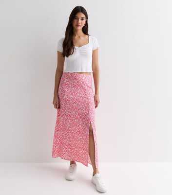 Pink Floral Split Hem Midi Skirt