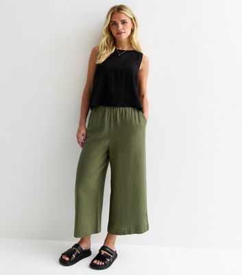 Petite Khaki Linen Blend Cropped Wide Leg Trousers New Look