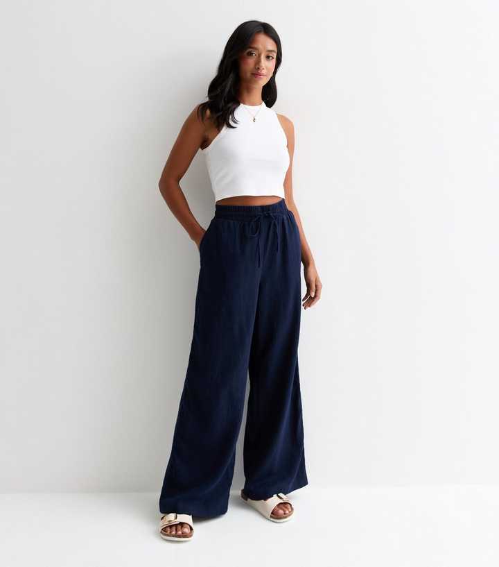 Petite Clothing Petite High Waisted Wide Leg Trousers Petite Navy Linen  Blend Wide Leg Trousers