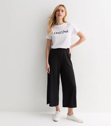 Black Ribbed Jersey Crop Wide Leg Trousers New Look