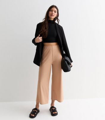 Stone Ribbed Jersey Crop Wide Leg Trousers New Look