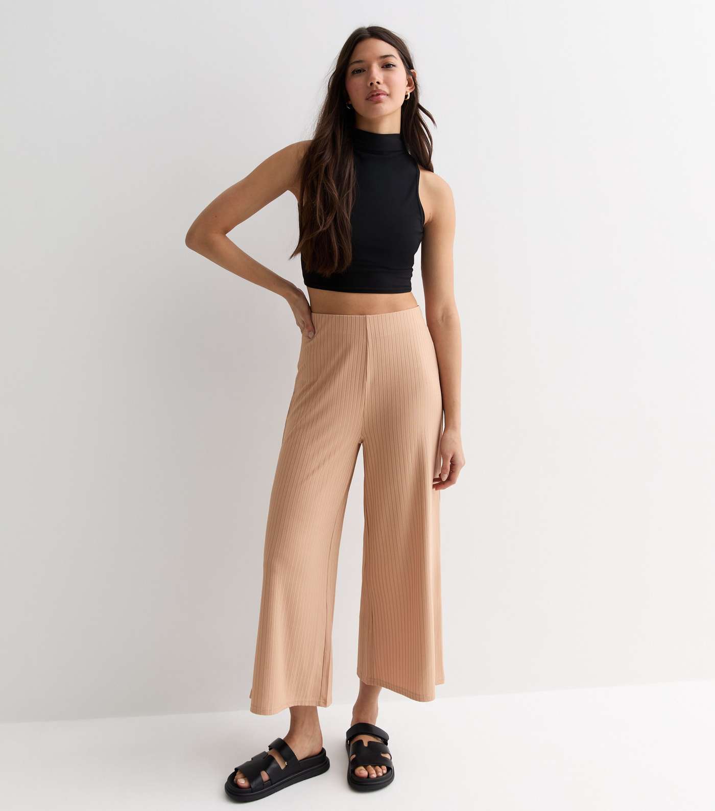 Stone Ribbed Jersey Crop Wide Leg Trousers Image 2