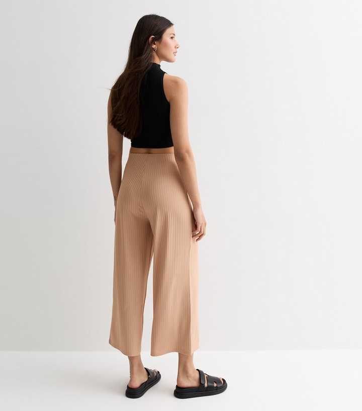 Stone Ribbed Jersey Crop Wide Leg Trousers