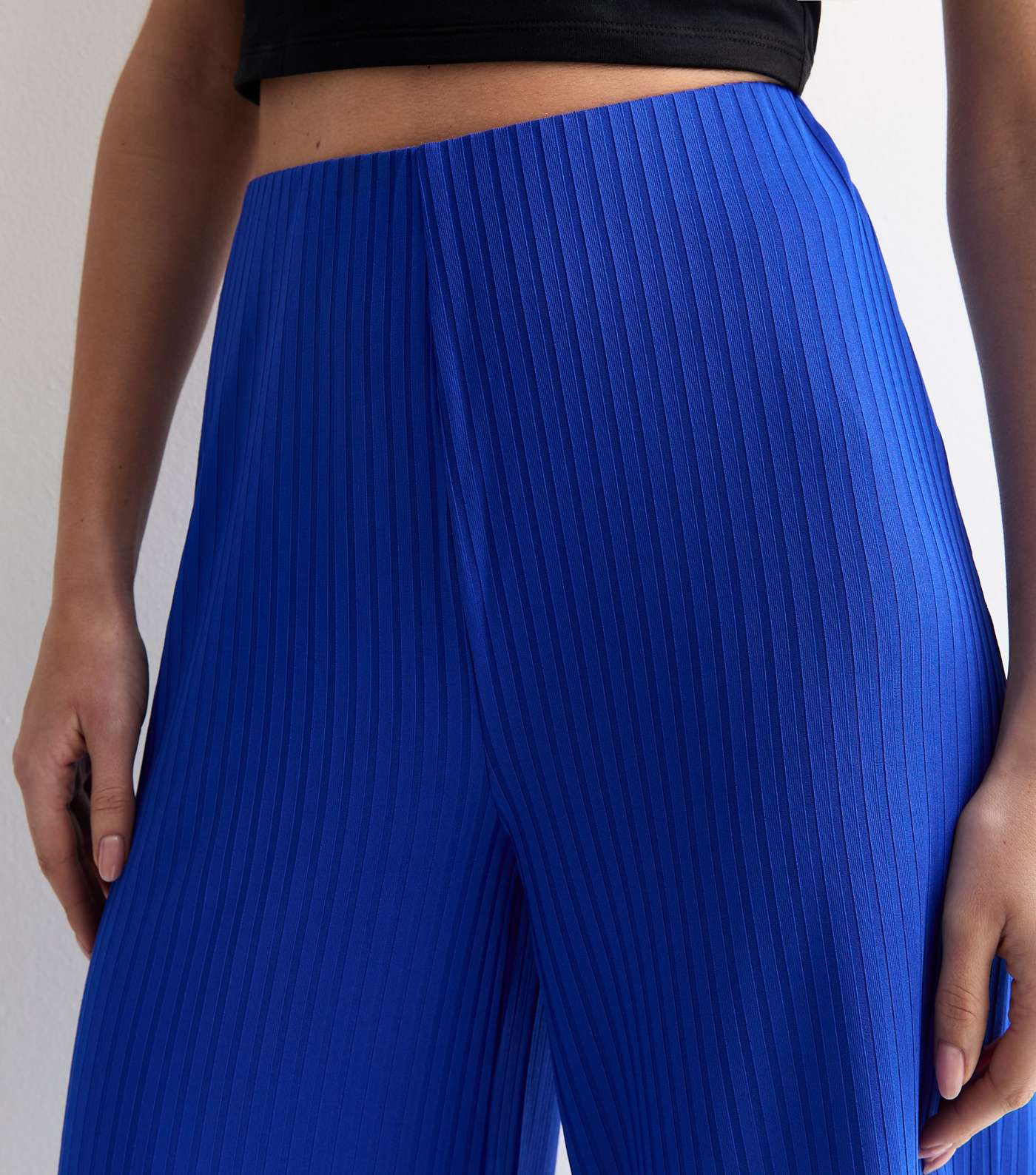 Bright Blue Ribbed Jersey Crop Wide Leg Trousers Image 2
