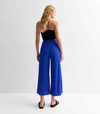 Bright Blue Ribbed Jersey Crop Wide Leg Trousers New Look