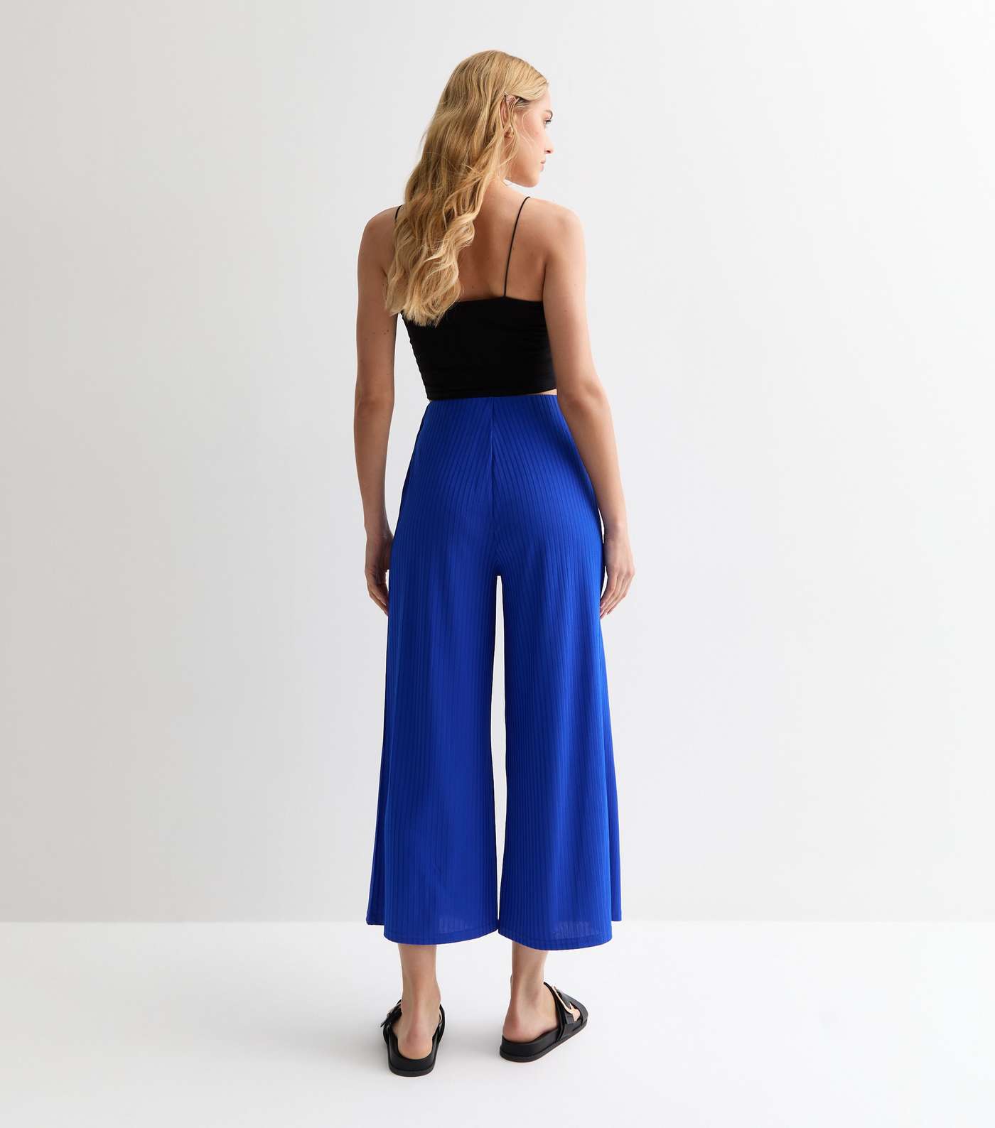 Bright Blue Ribbed Jersey Crop Wide Leg Trousers Image 4