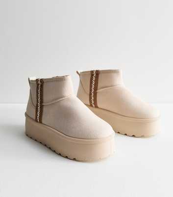 Truffle Cream Suedette Woven Trim Flatform Slipper Boots