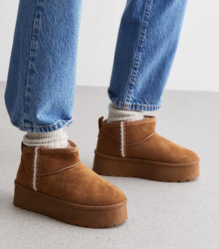 Truffle Tan Suedette Faux Fur Lined Woven Trim Flatform Boots
