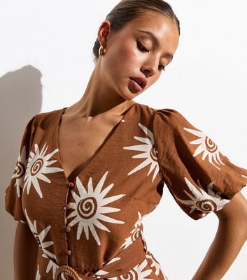 Brown Floral Print Puff Sleeve Mini Dress New Look