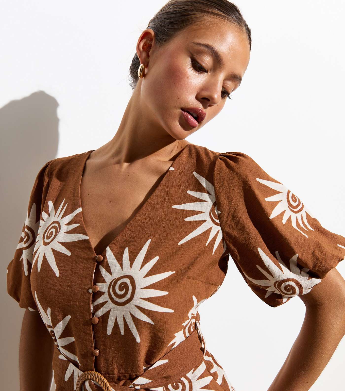 Brown Floral Print Puff Sleeve Mini Dress Image 2