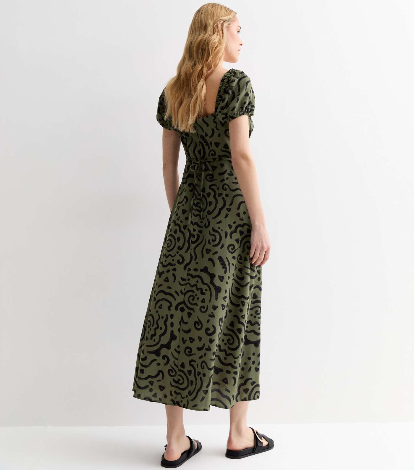 Green Abstract Print Milkmaid Midi Dress Image 4