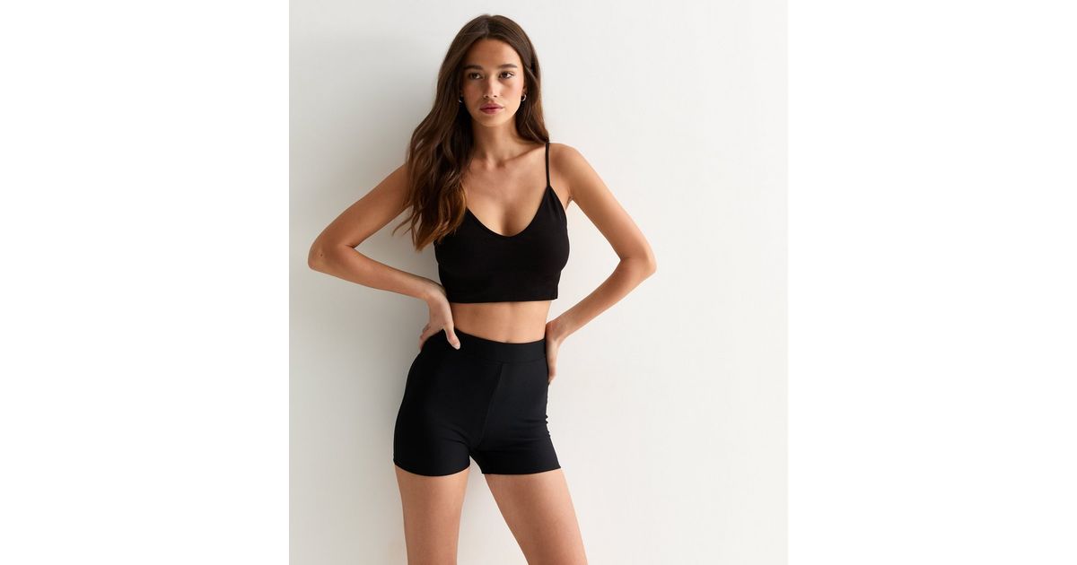 Black Micro Rib Cycling Shorts | New Look