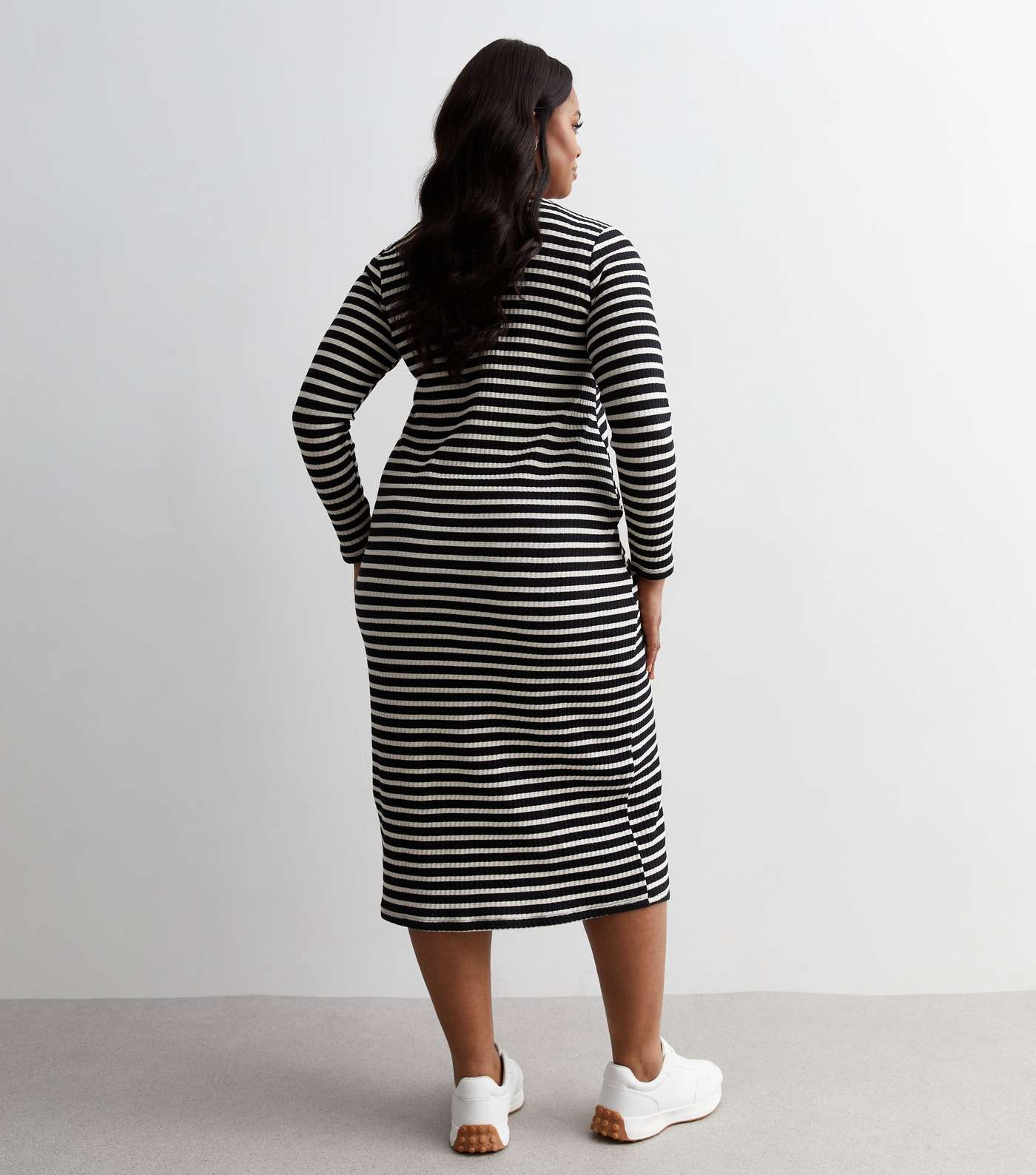 Curves Striped Long Sleeve Ribbed Midi Dress Image 4