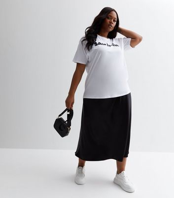 Curves Black Satin Bias Cut Midi Skirt New Look