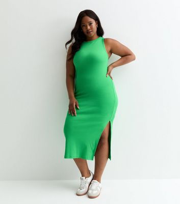 Curves Green Ribbed Racer Bodycon Midi Dress New Look