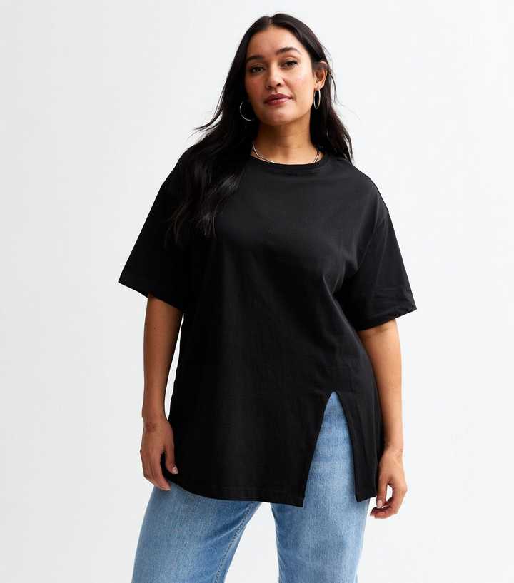 Curves Black Cotton Split Hem T-Shirt
