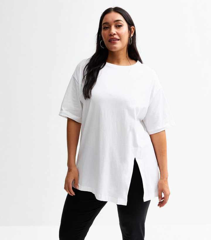 Curves White Cotton Split Hem T-Shirt
