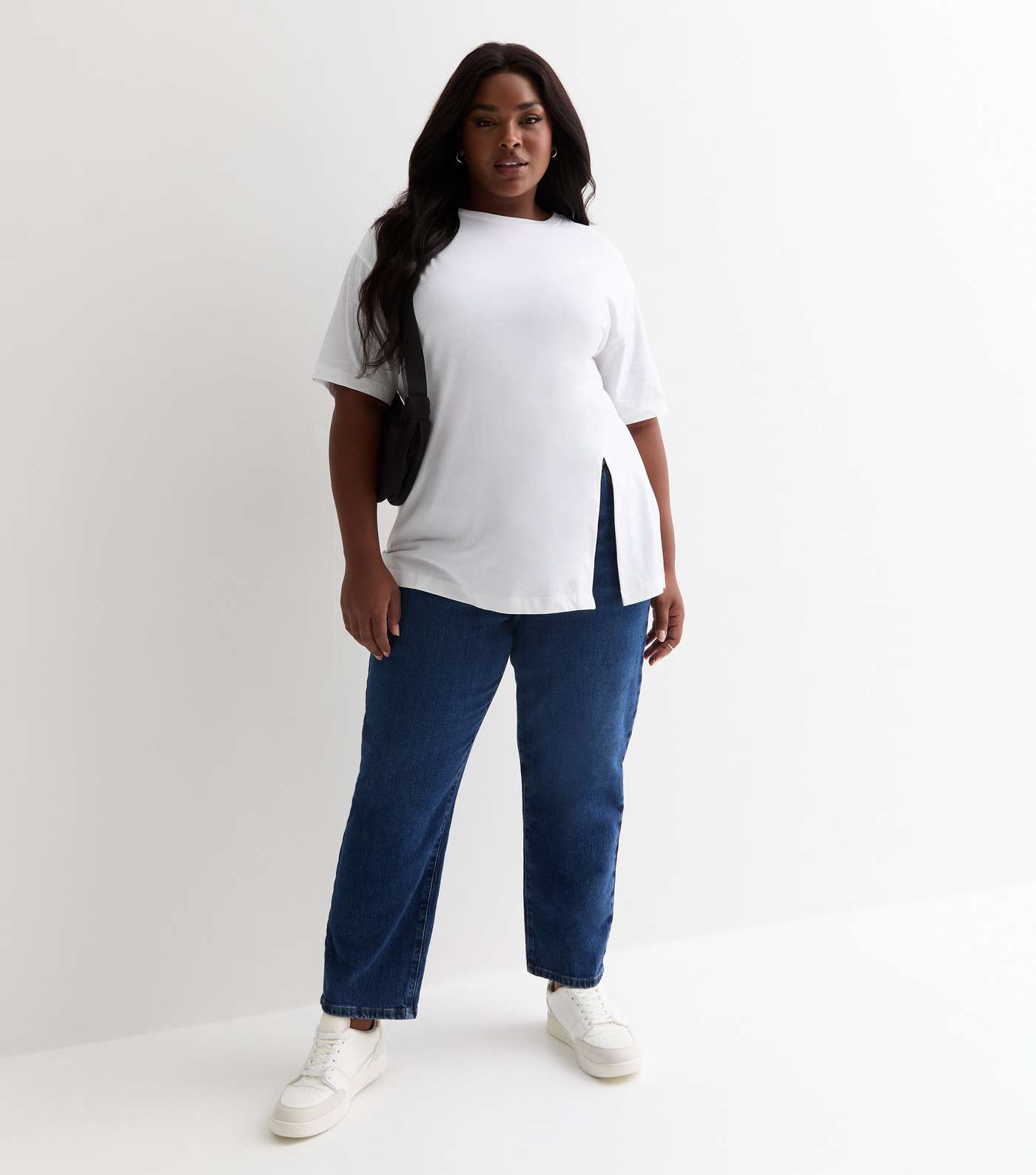 Curves White Cotton Split Hem T-Shirt Image 2