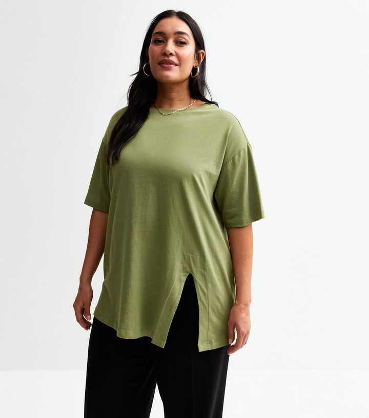 Curves Khaki Cotton Split Hem T-Shirt