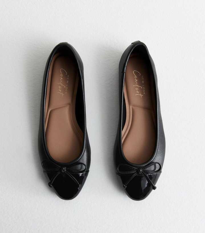Black Leather-Look Contrast Ballerina Pumps
