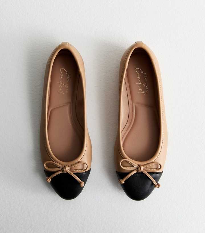 Camel Leather-Look Contrast Ballerina Pumps