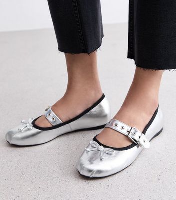 Silver Metallic Strappy Mary Jane Ballerina Pumps New Look