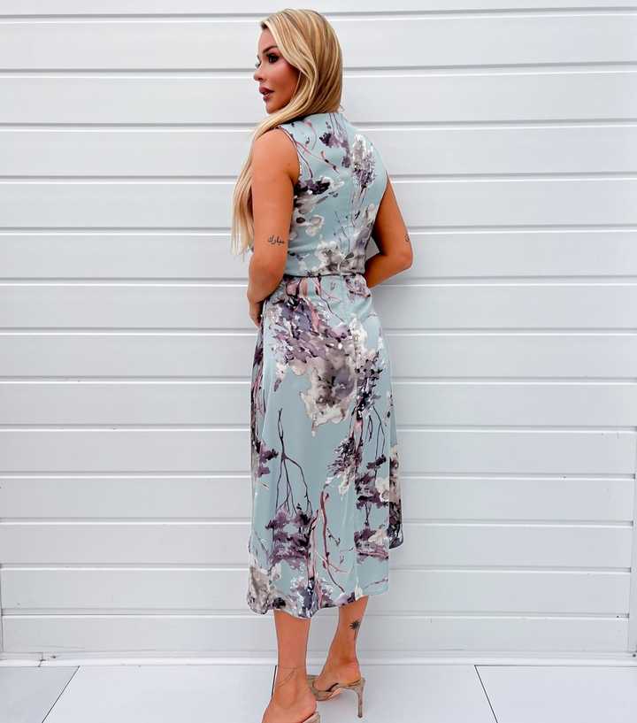 green mesh maxi dress Sustainable Floral Print Midi Wrap Dress With Flutter Sleeves - Duck Egg main image 0