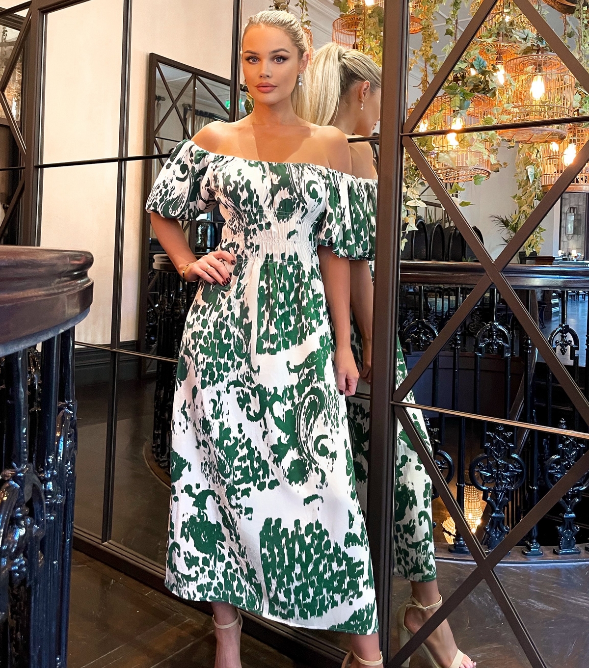 Women's Green Abstract Print Bardot Midi Dress AX Paris New Look