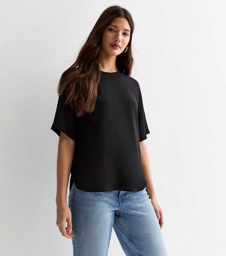 Black Woven Crew Neck T-Shirt