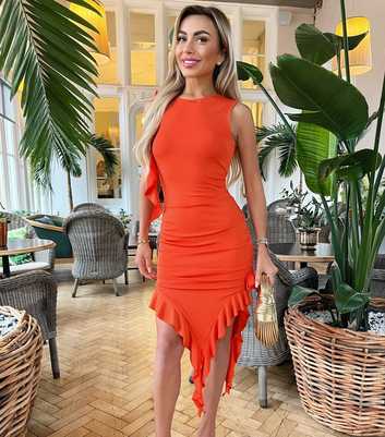 AX Paris Orange Ruched Frill Midi Dress