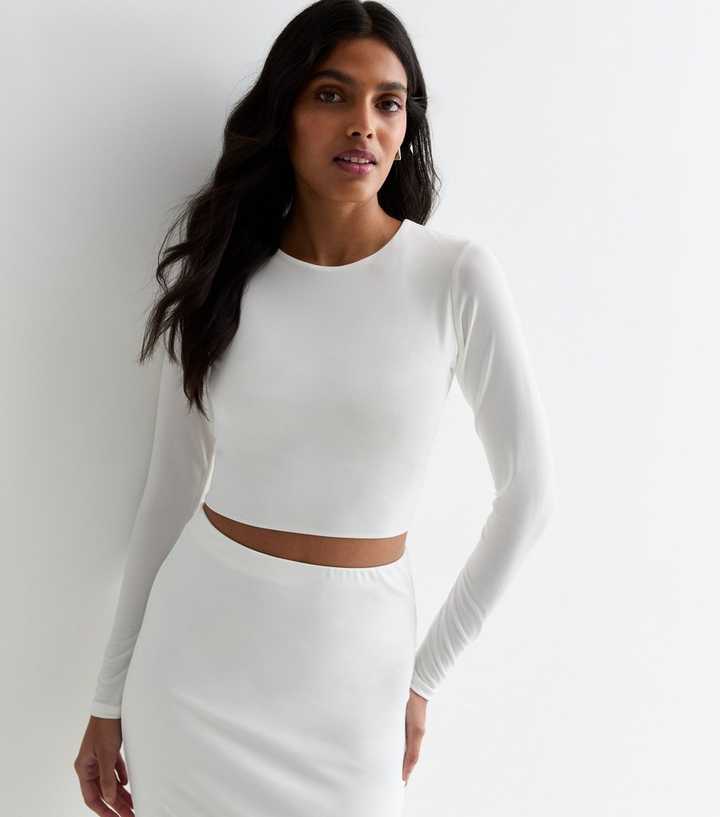 White Jersey Long Sleeve Crop Top