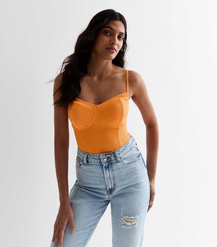 Bright Orange Ribbed Bustier Bodysuit