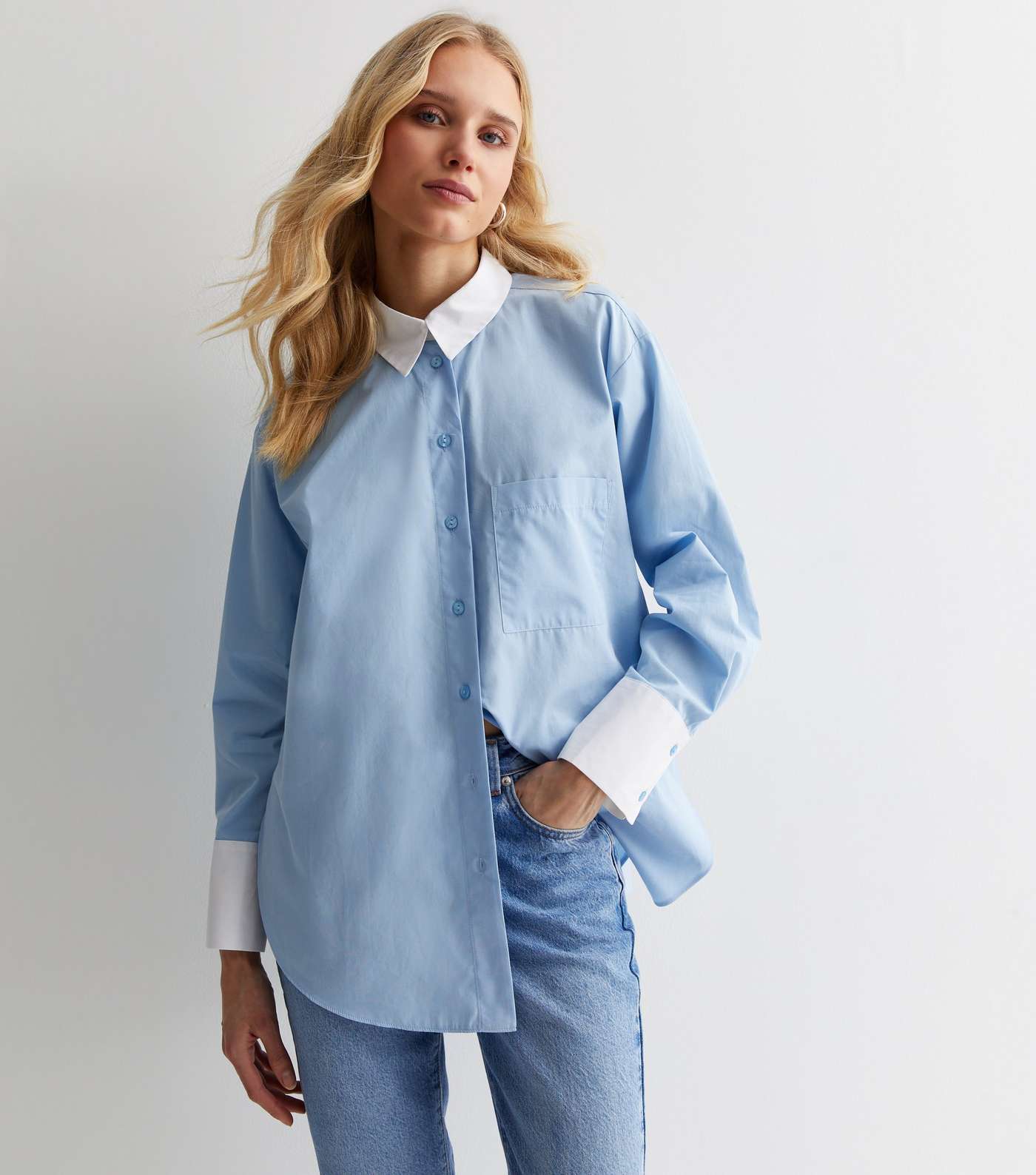 Pale Blue Cotton Contrast Detail Shirt