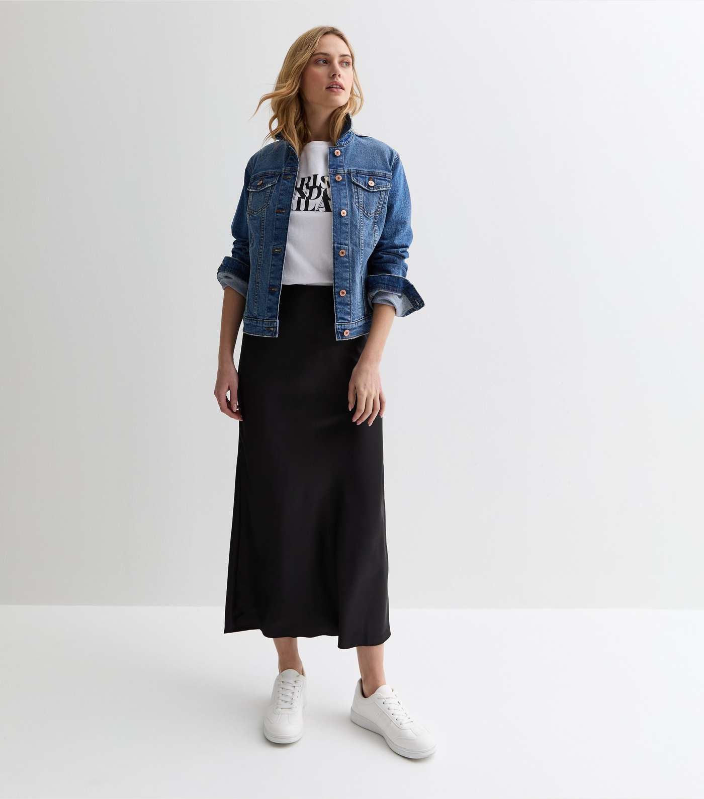 Black Satin Bias Cut Midi Skirt Image 3