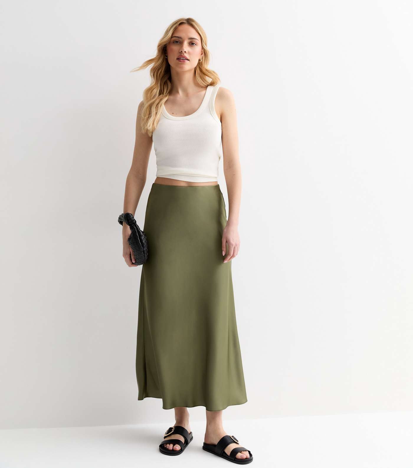 Olive Satin Bias Cut Midi Skirt Image 3
