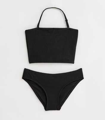 Girls Black Textured Bandeau Bikini Set