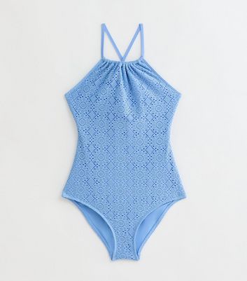 Girls Blue Crochet Halter Swimsuit New Look