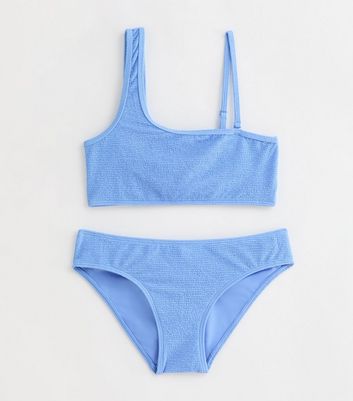 Girls Blue Textured One Shoulder Bikini Set